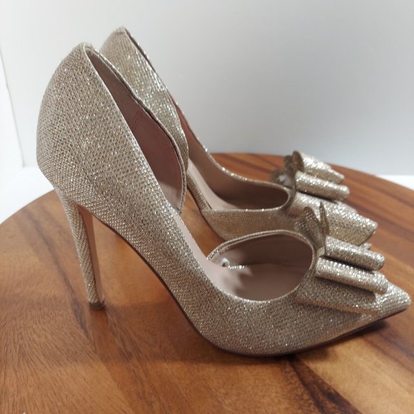 Betsey Johnson Womens paris D'orsay size 7 Gold Sparkle Evening Pumps bows - Picture 5 of 12